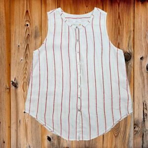 C&C California Linen Top White Red Stripes Sleeveless Button Up Shirt Blouse L